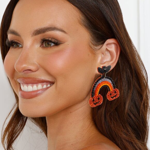 Over The Rainbow Bat & Pumpkin Halloween Theme Sequin Beaded Earrings - Picture 2 of 2